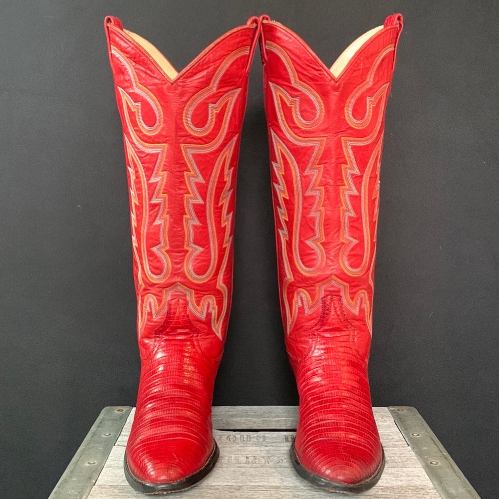 SOLD LARRY MAHAN Vintage Red Lizard Tall Knee High Cowgirl Cowboy Western Boots - Picture 3 of 11